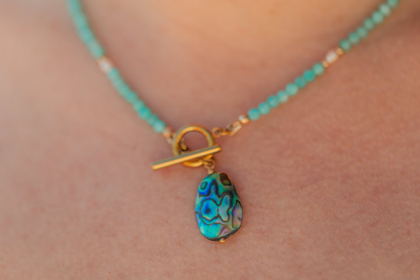 Handmade Afterglow Abalone Necklace – lightweight, hypoallergenic, hand-strung in Leander TX.