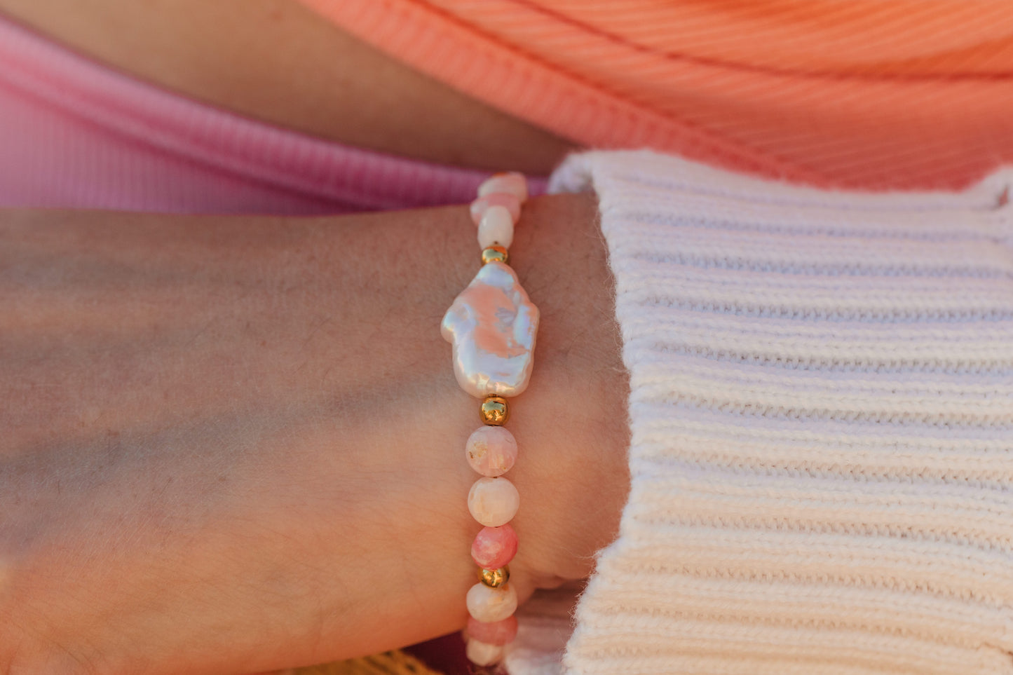 Hand-strung Pink Sands Bracelet – lightweight, waterproof, hypoallergenic jewelry.