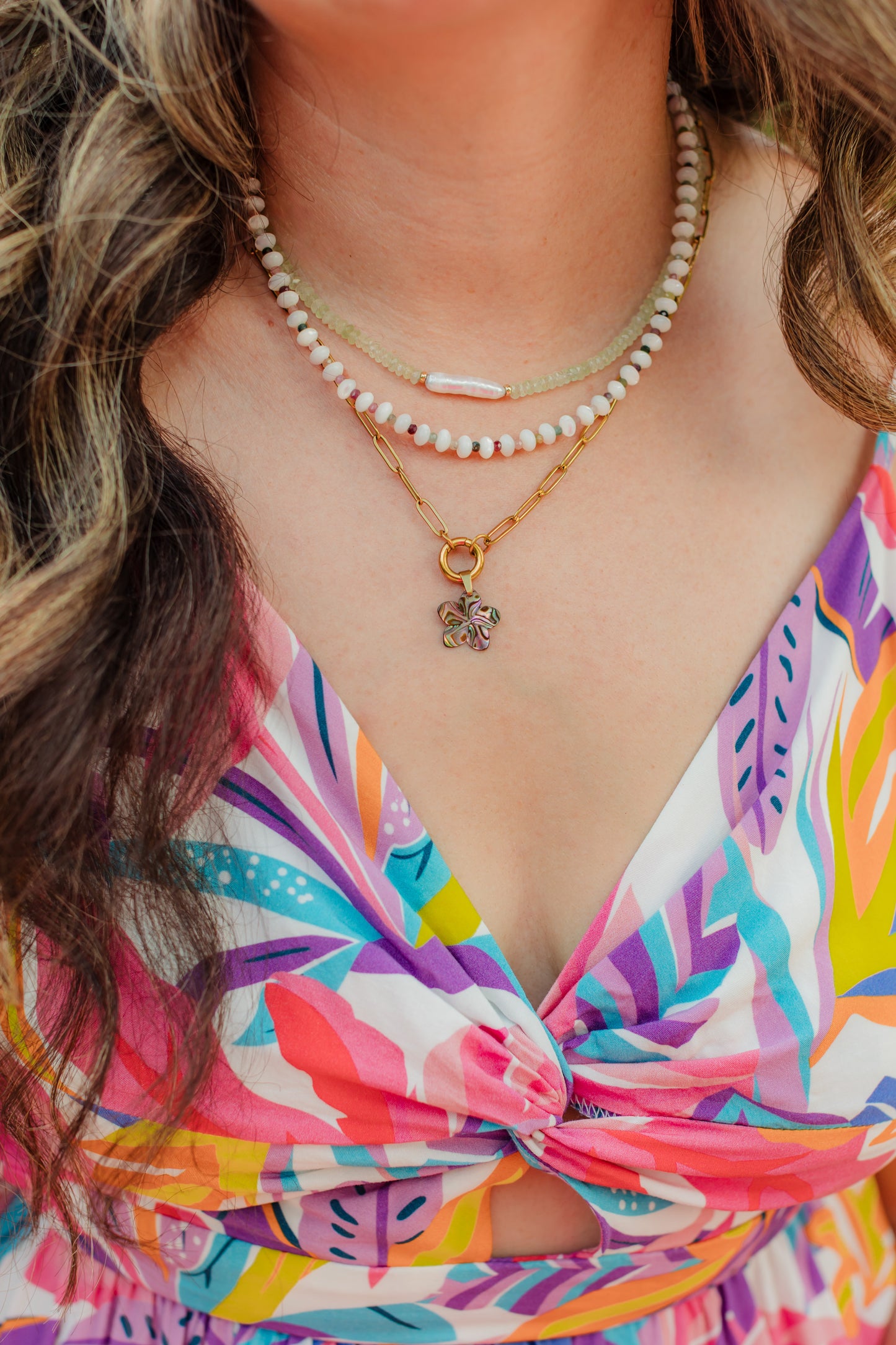 Green Prehnite Gemstone & Biwa Freshwater Pearl Necklace | Island Goddess Necklace