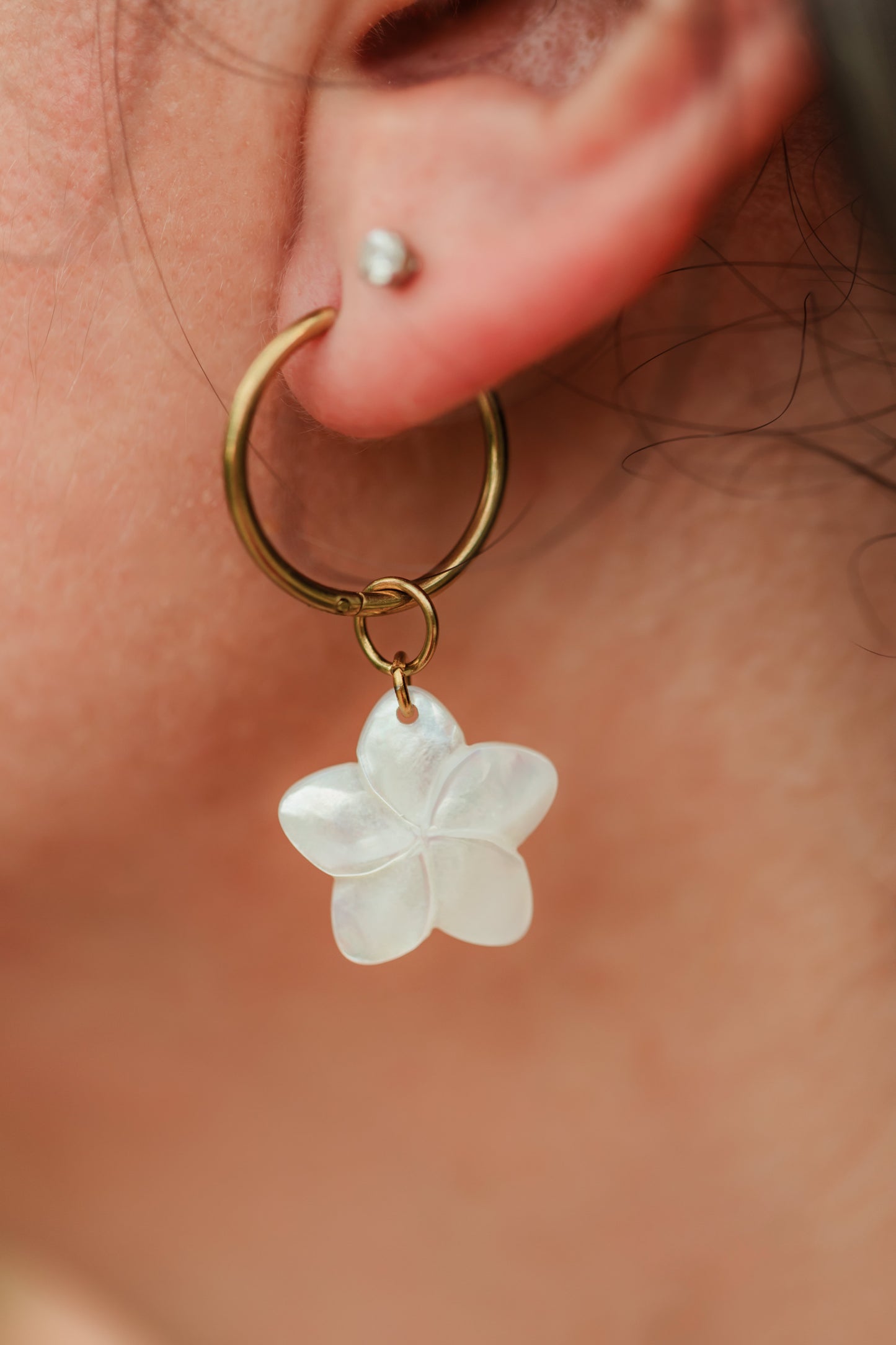 Hand-carved genuine mother of pearl plumeria flower earrings suspended from 18K Gold PVD stainless steel hoop earrings.