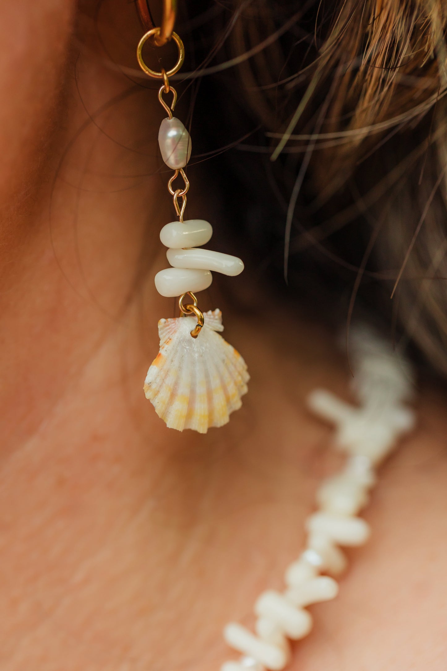 Sunrise Shell Coral Drop Pearl 18k gold hoop Earrings | Sunrise Shell Earrings