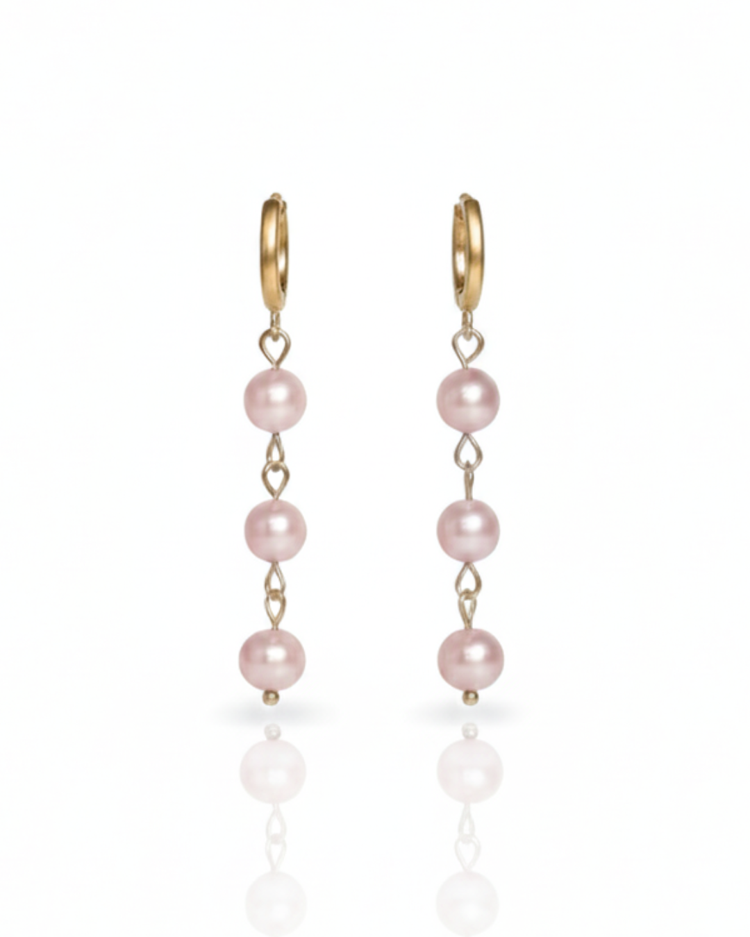 Island Dreams pink freshwater pearl drop earrings with petite 18k Gold PVD hoops on white