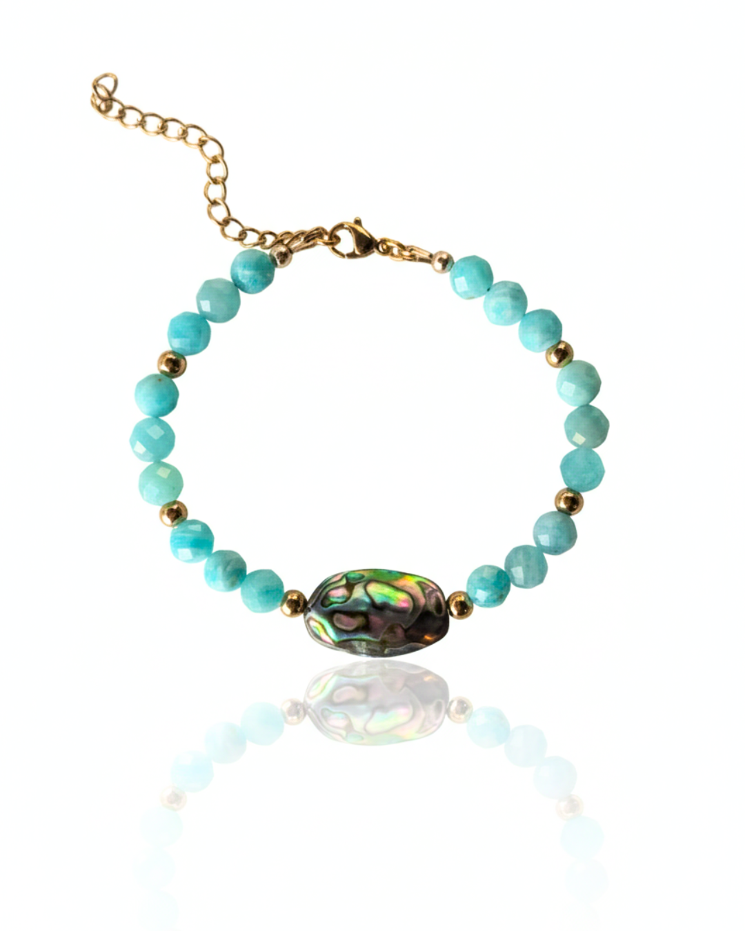 Afterglow Abalone Bracelet with abalone coin, amazonite beads in 18k gold plated pvd with extender for adjustable sizing, island dreams collection