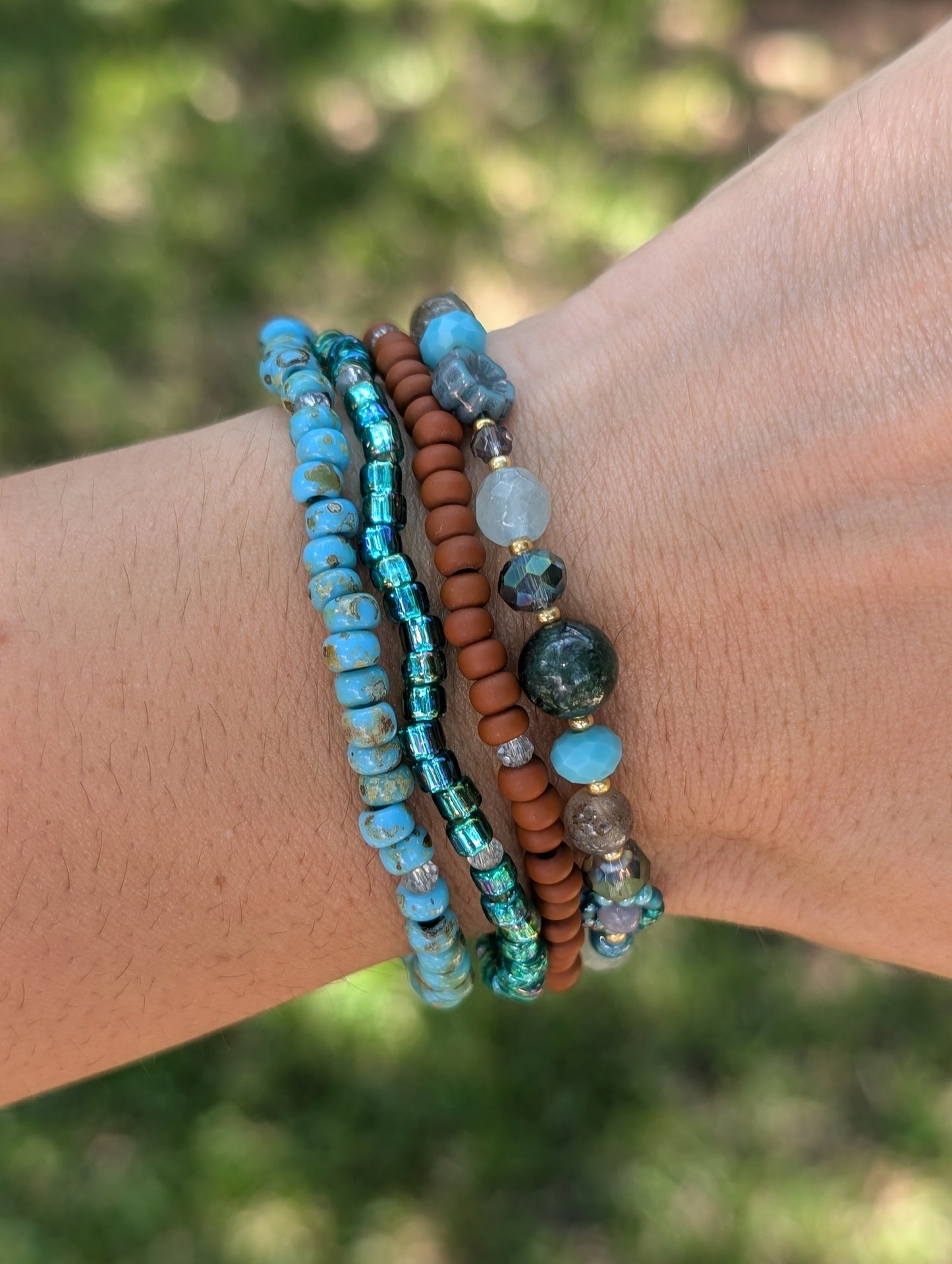 “Driftwood Turquoise beaded bracelet stacked with other Sparkle Stacklers – Cappa Creations fall collection.”