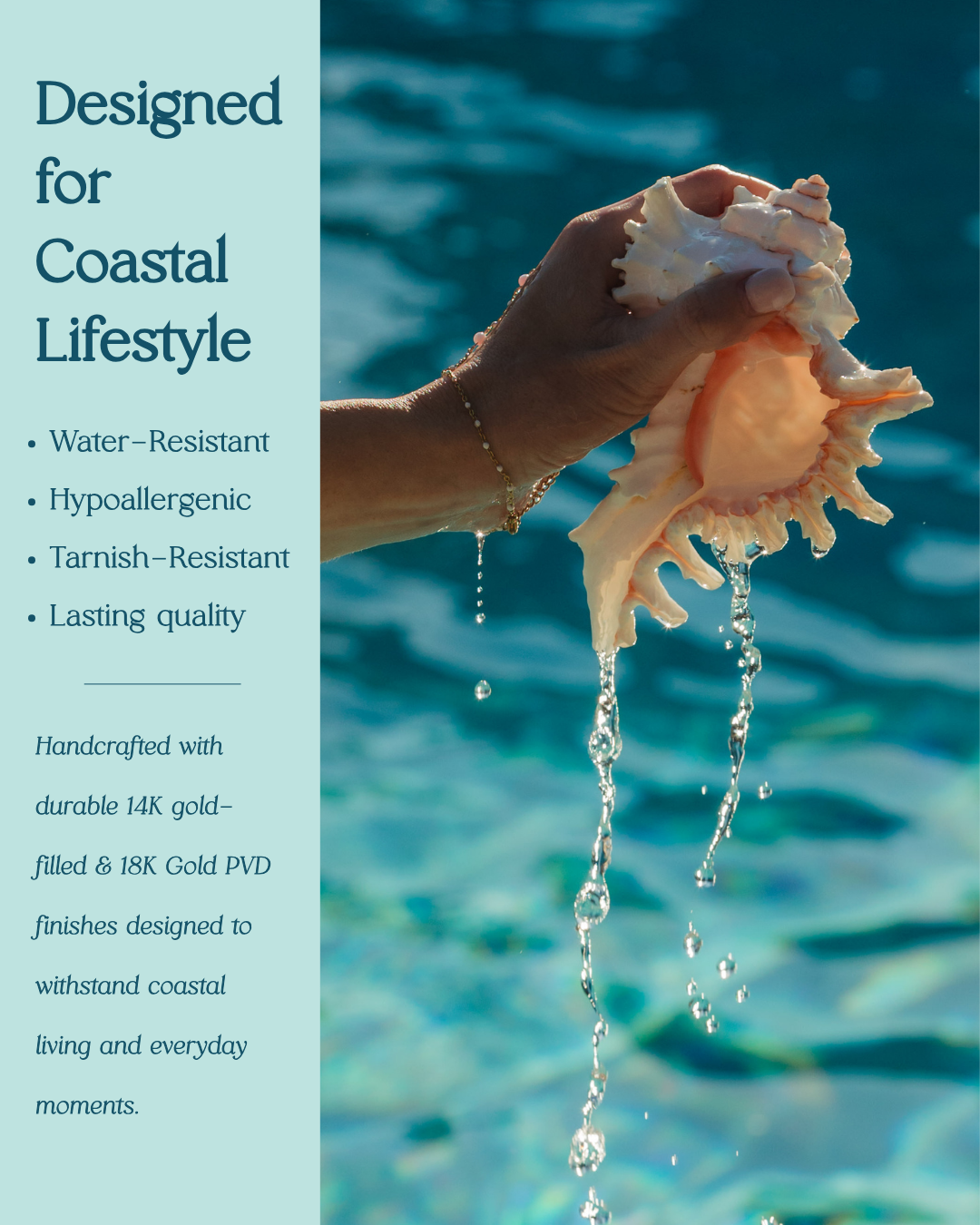 A promotional graphic for a gold-plated PVD shell pendant. The right side shows a hand holding a peach-colored conch shell with water droplets dripping from it against a turquoise ocean background.