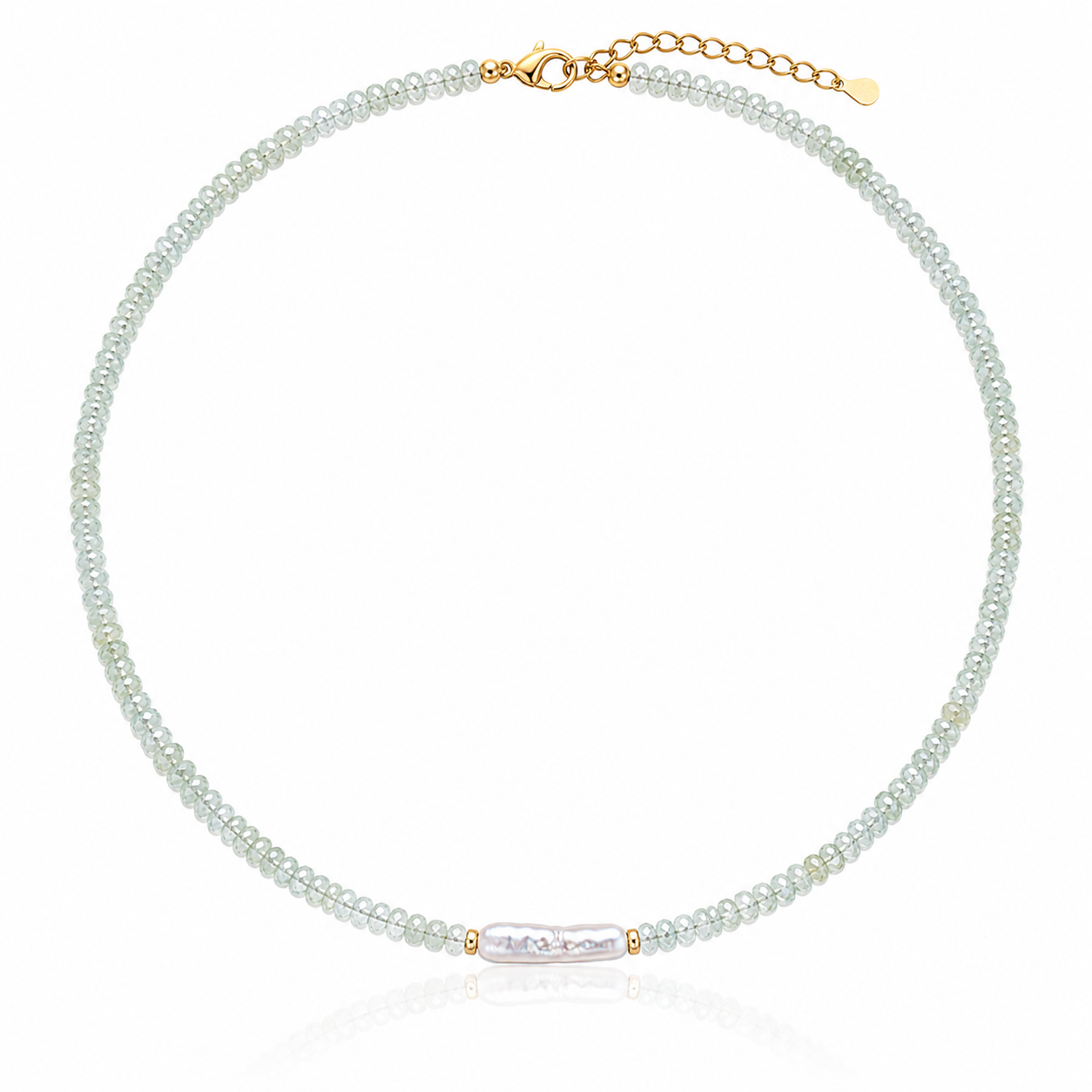 Island Goddess Necklace with translucent green prehnite rondelles, a Biwa freshwater pearl, and 18K gold PVD hardware