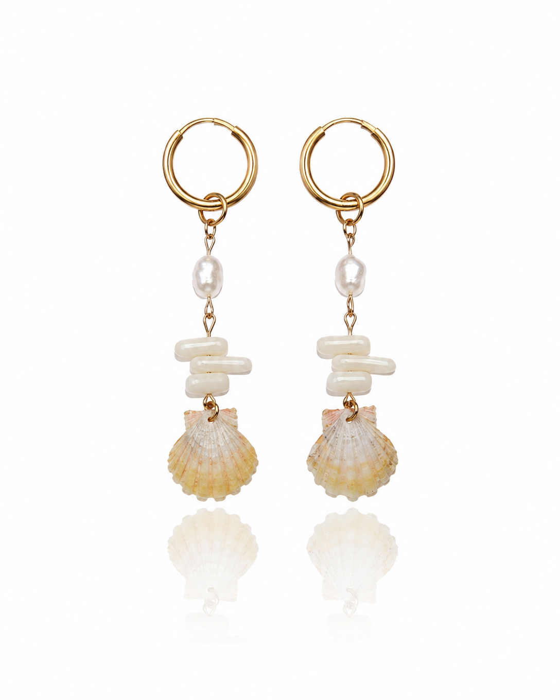 Sunrise Shell Earrings with genuine Hawaiian sunrise shells, natural coral chips, freshwater pearls, and 18K gold PVD hoops