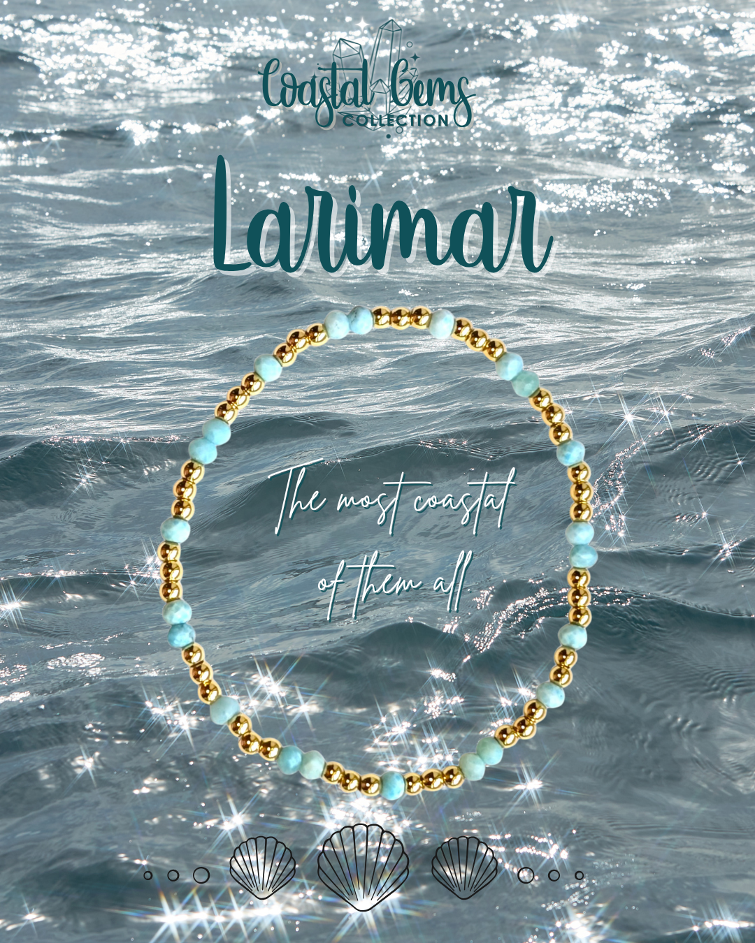 Larimar Bracelet with gold and turquoise beads on a water background, featuring the 'Coastal Gems Collection' branding.