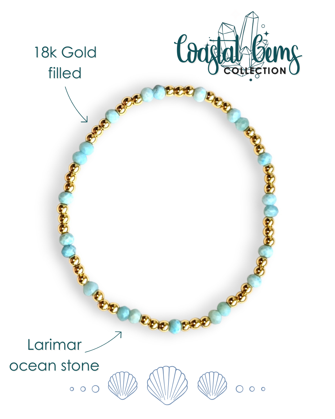 Bracelet with gold and larimar beads on a white background, featuring 'Coastal Gems Collection' branding.