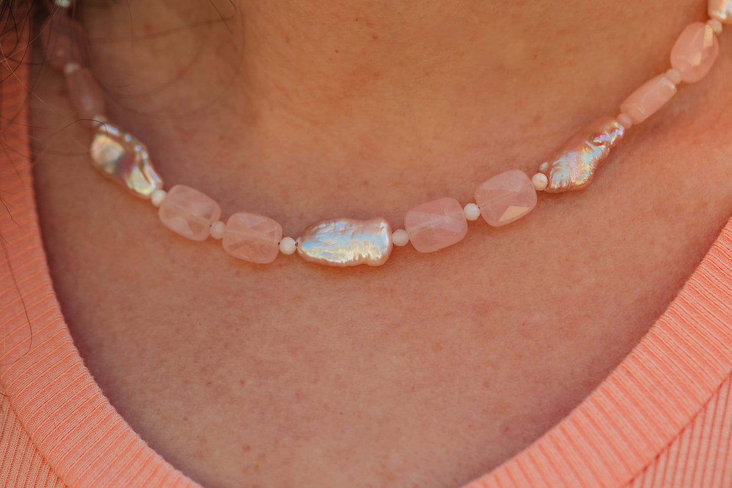 Hand-strung Pink Skies Necklace – lightweight, waterproof, hypoallergenic jewelry.