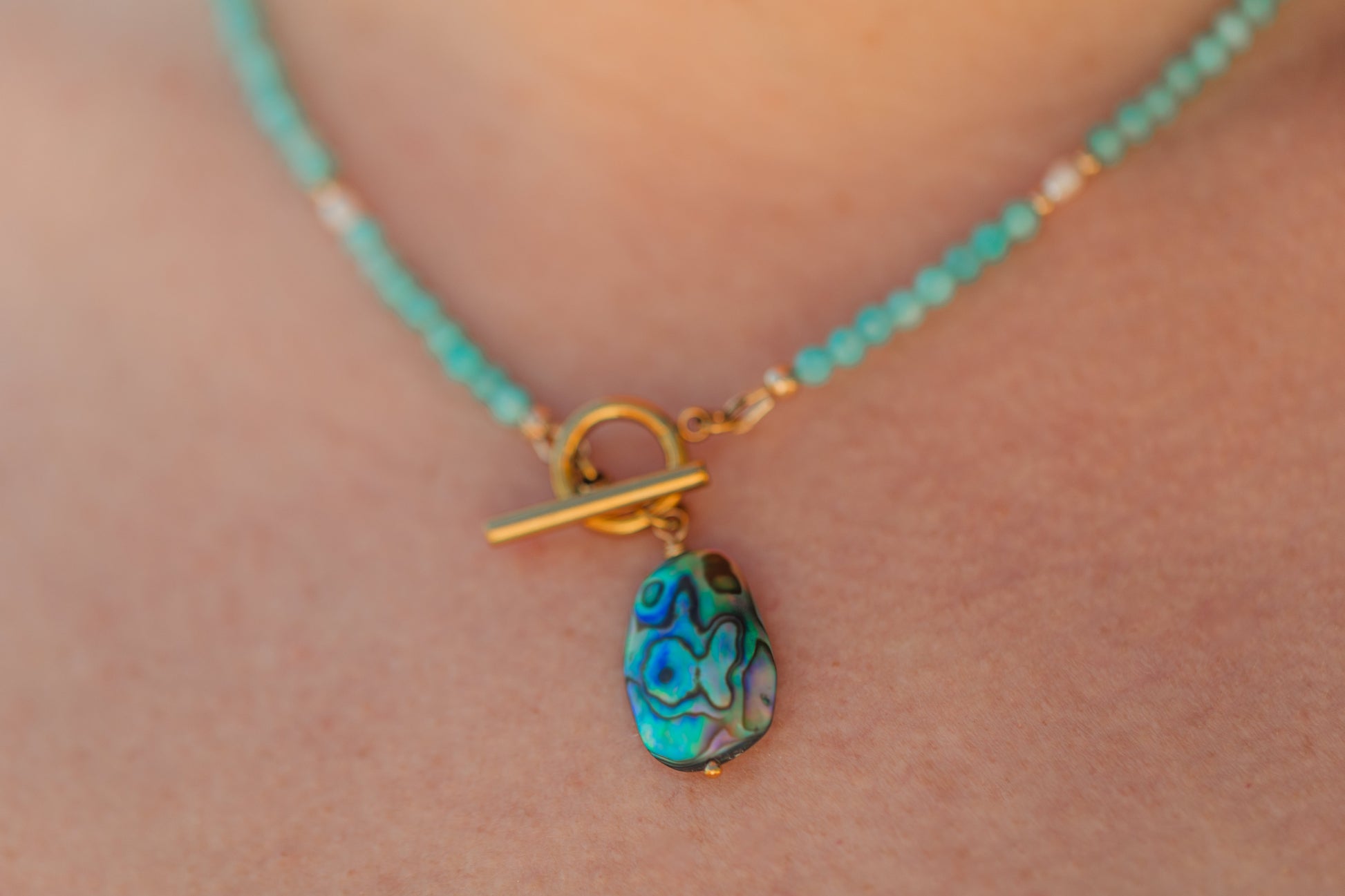 Handmade Afterglow Abalone Necklace – lightweight, hypoallergenic, hand-strung in Leander TX.