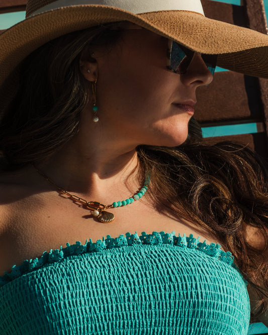 Marina Necklace styled with coordinating amazonite and freshwater pearl hoop earrings