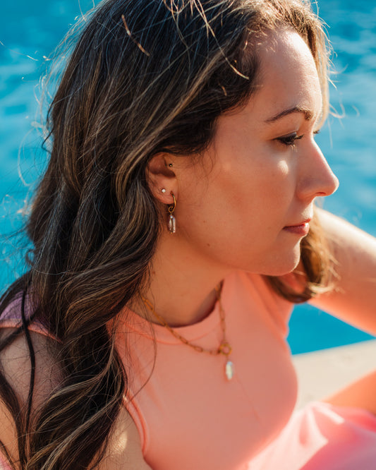 Rosé Resort Necklace styled with matching pink pearl hoop earrings