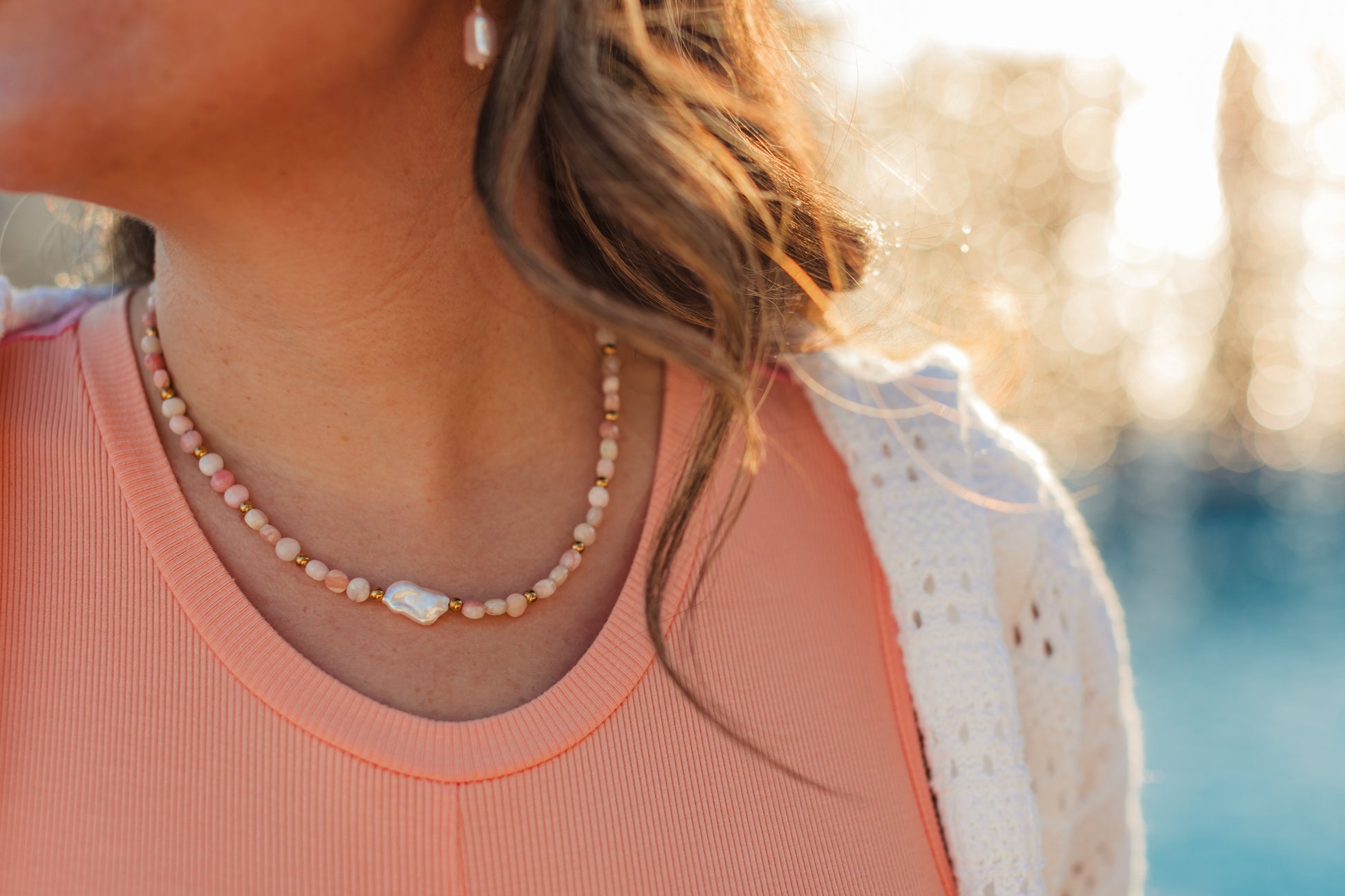 Pink Sands Necklace layered with gold chains – Charlotte’s Cove Island Dreams Collection.