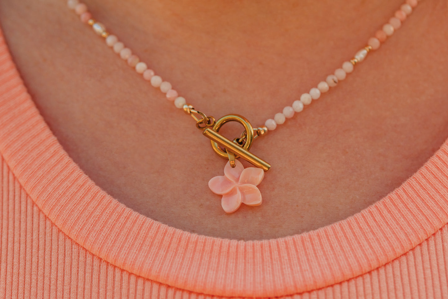 Hand-strung Island Blush Necklace – lightweight, waterproof, hypoallergenic jewelry.