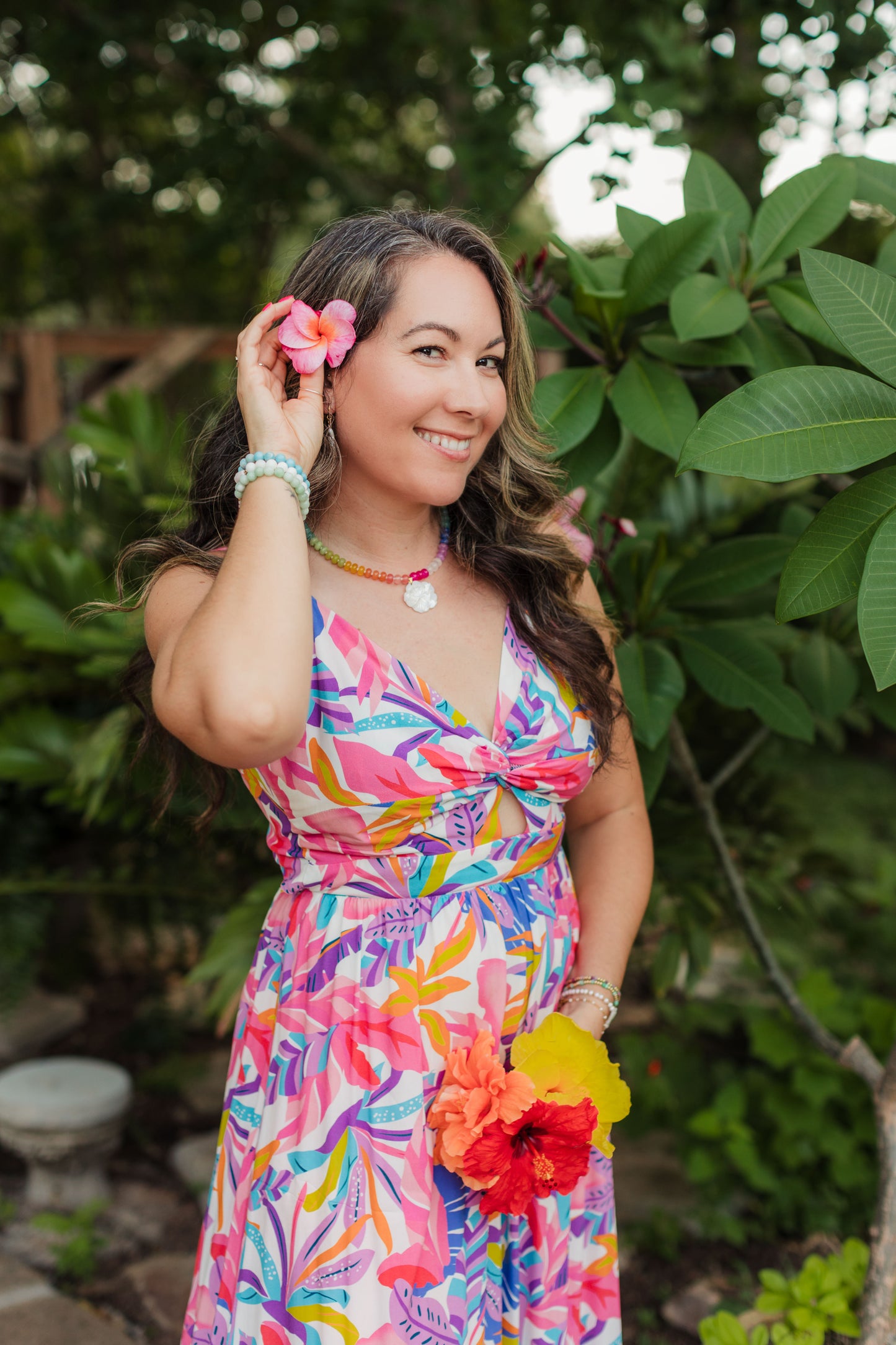 Rainbow Gemstone Hibiscus Necklace | Aloha Rainbow Necklace