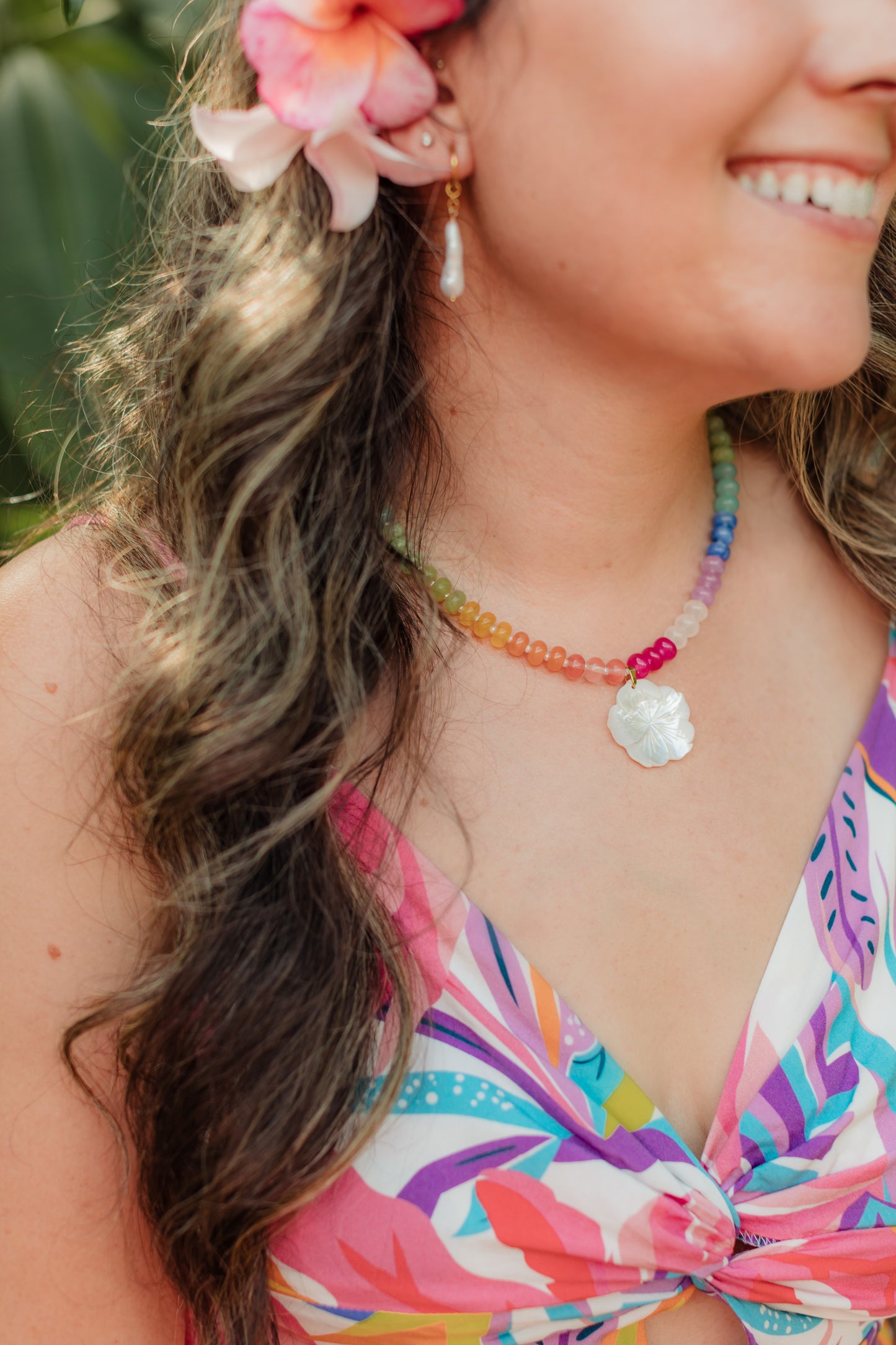 Rainbow Gemstone Hibiscus Necklace | Aloha Rainbow Necklace