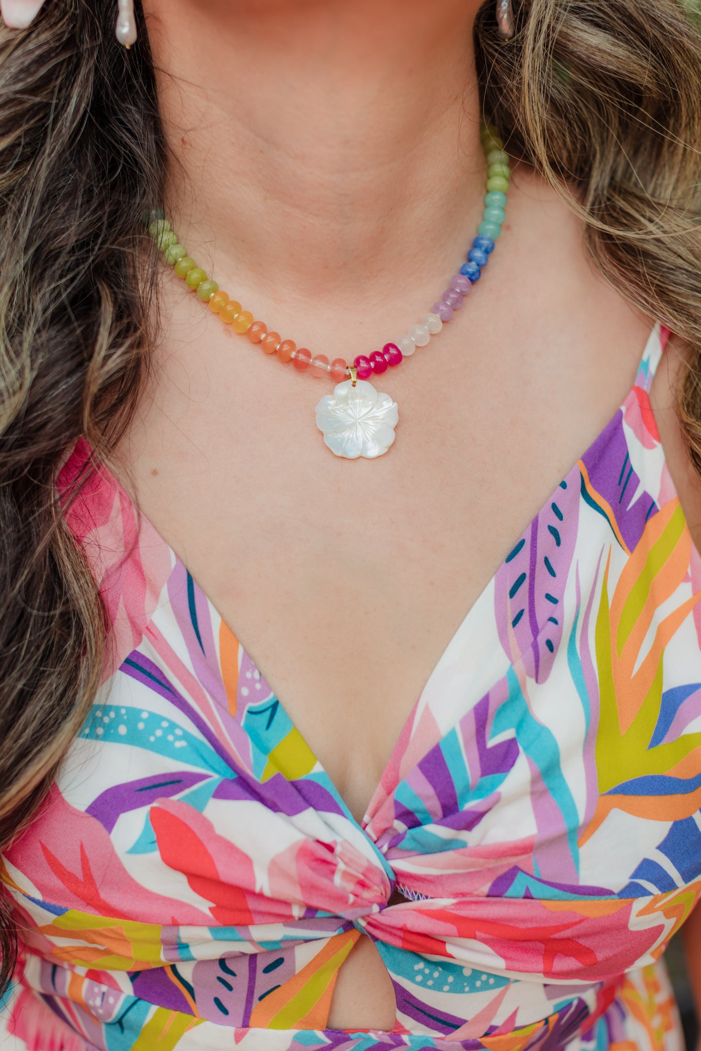 Rainbow Gemstone Hibiscus Necklace | Aloha Rainbow Necklace