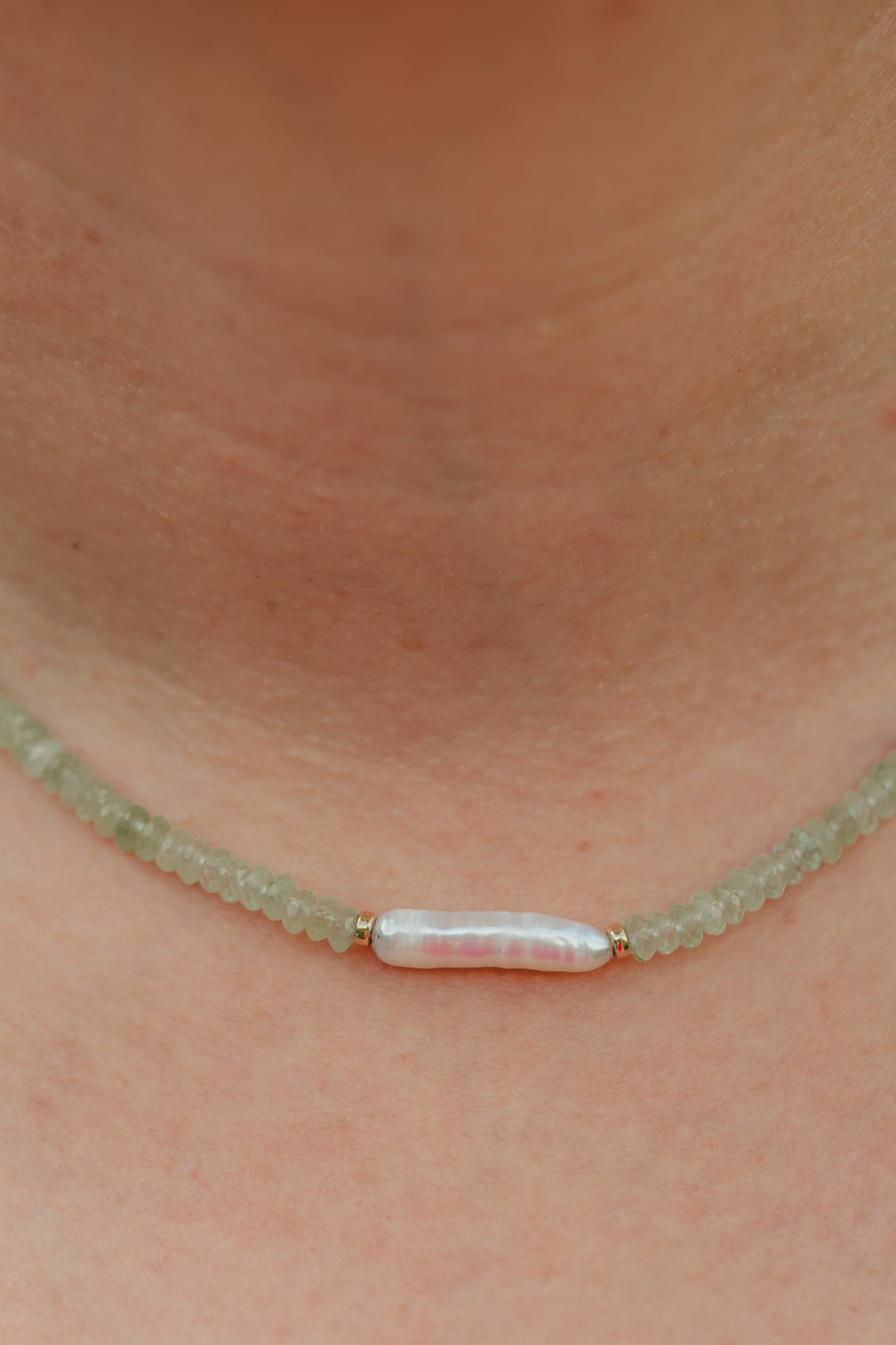 Green Prehnite Gemstone & Biwa Freshwater Pearl Necklace | Island Goddess Necklace