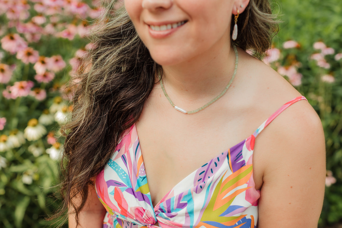 Green Prehnite Gemstone & Biwa Freshwater Pearl Necklace | Island Goddess Necklace
