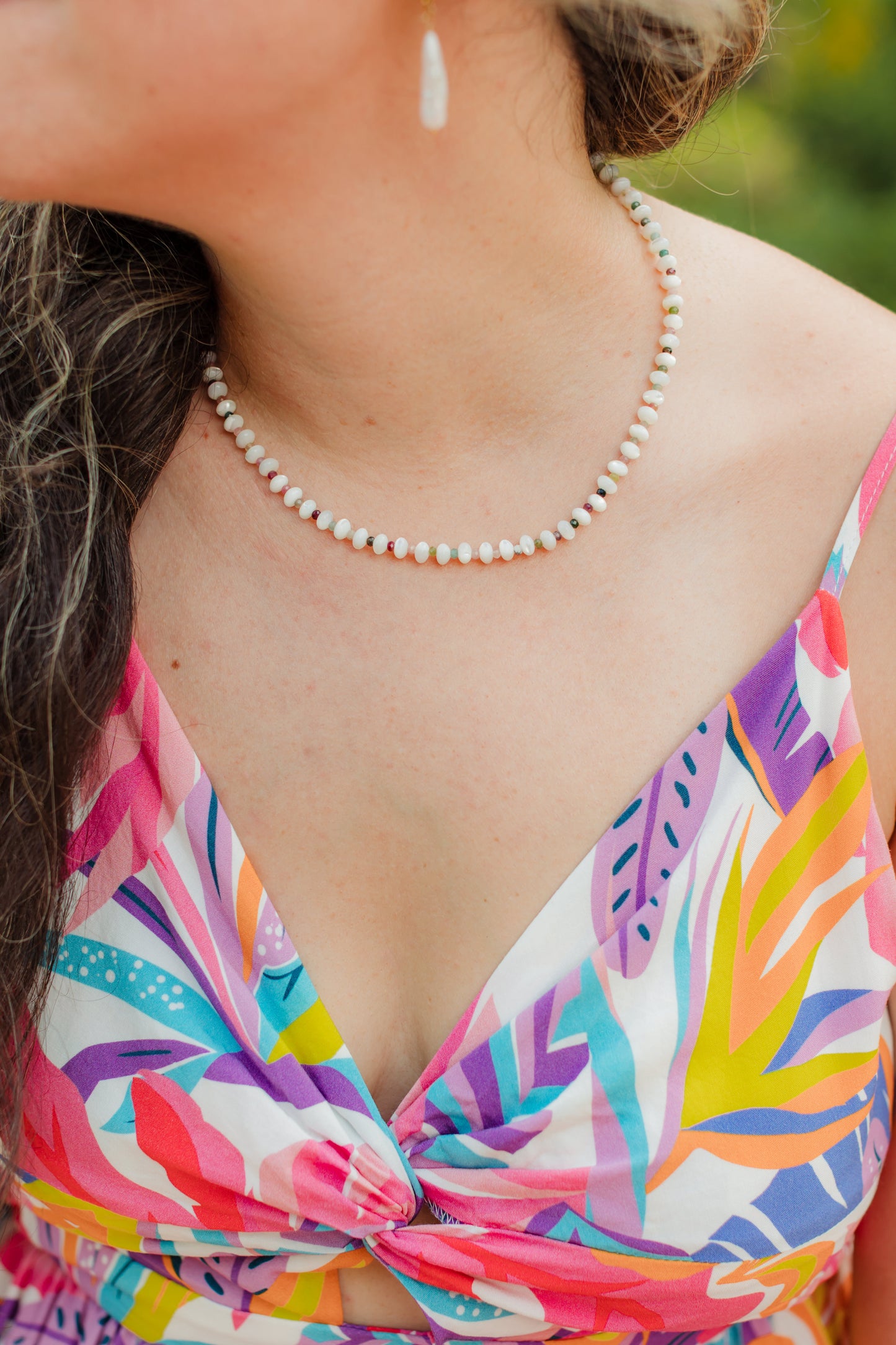 Mother of Pearl & Watermelon Tourmaline Gemstone Necklace | Watermelon Sugar Necklace