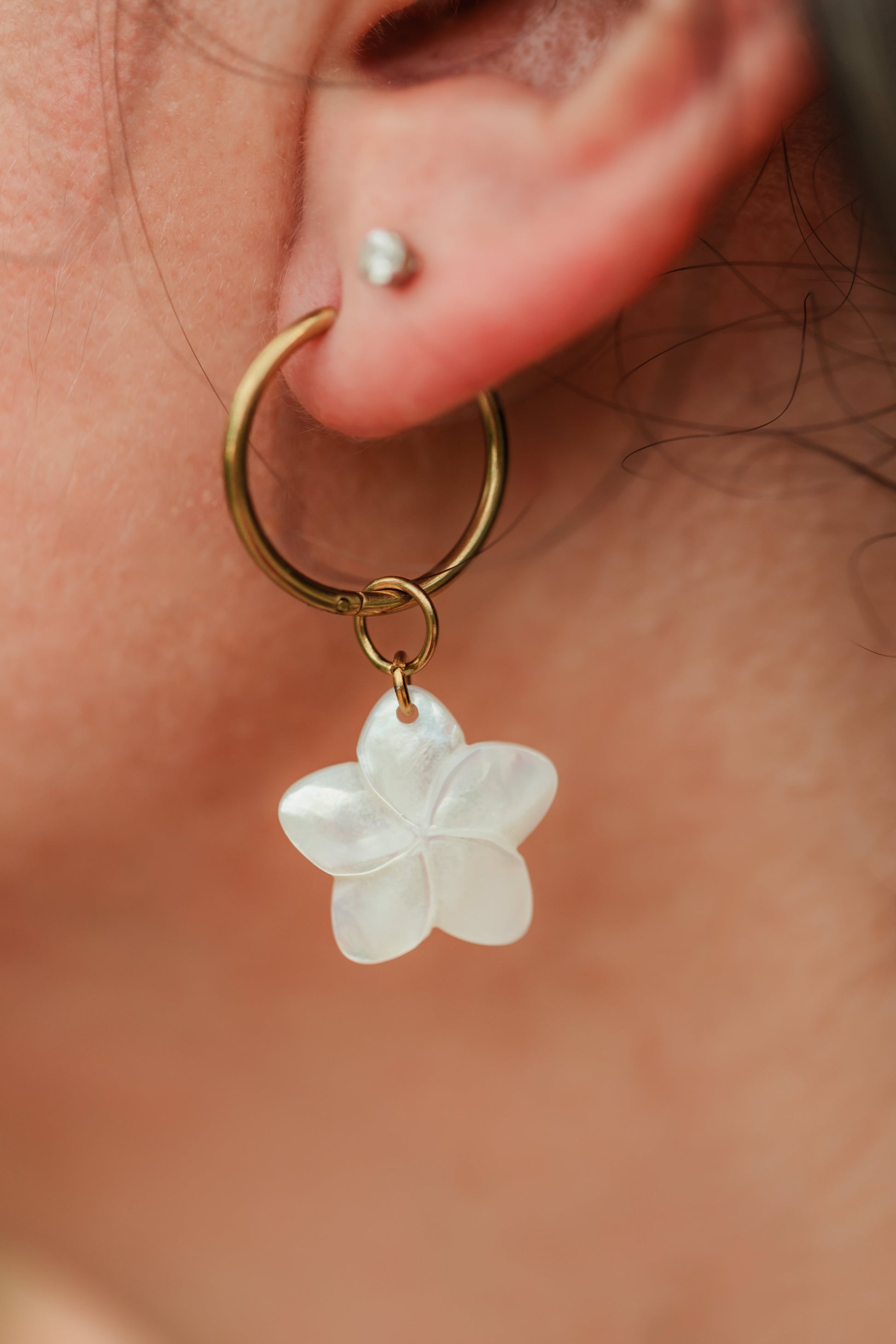 Hand-carved genuine mother of pearl plumeria flower earrings suspended from 18K Gold PVD stainless steel hoop earrings.