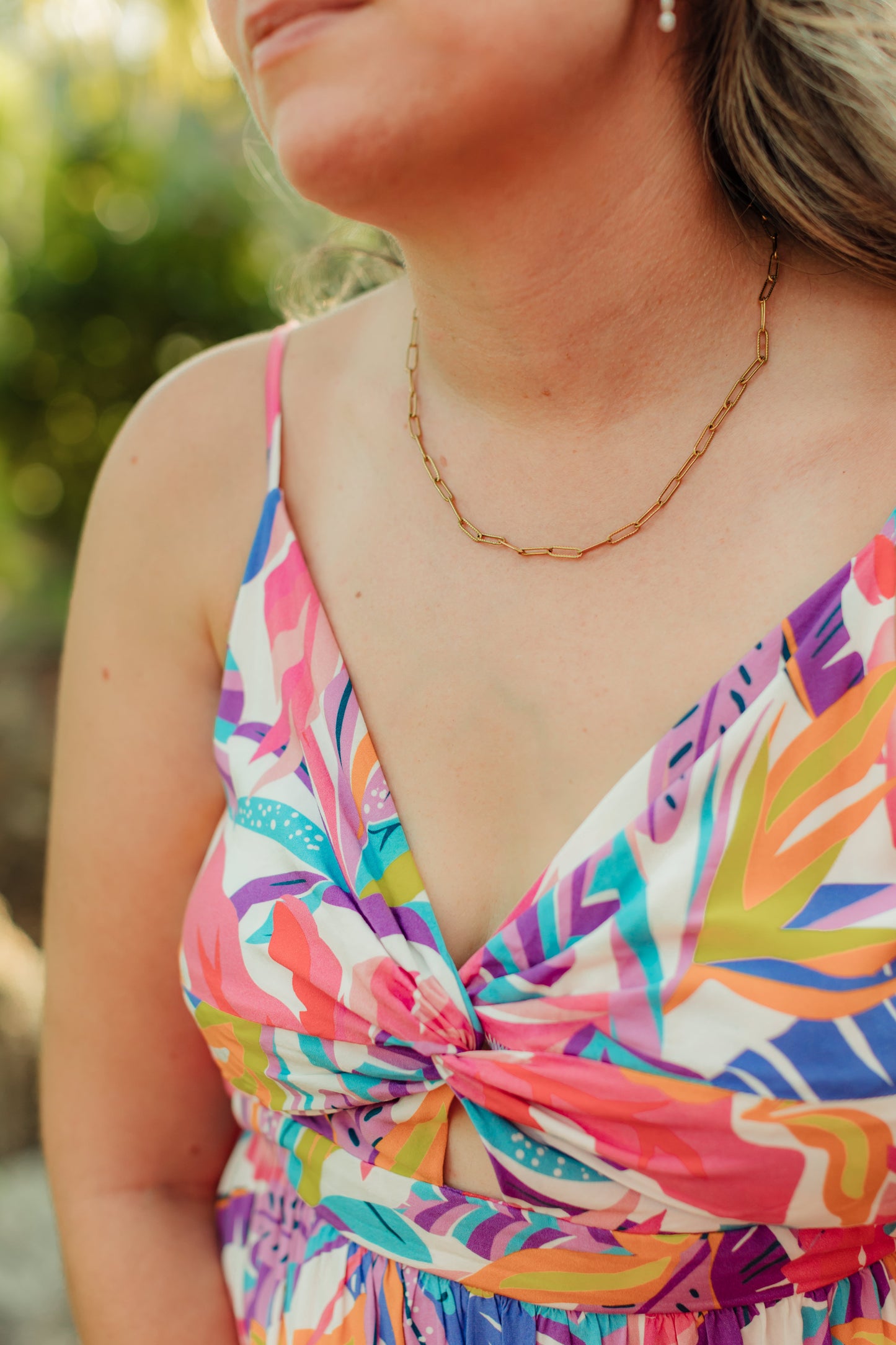 Textured 18K Gold PVD paperclip chain necklace designed for layering with coastal gemstone and pearl necklaces.