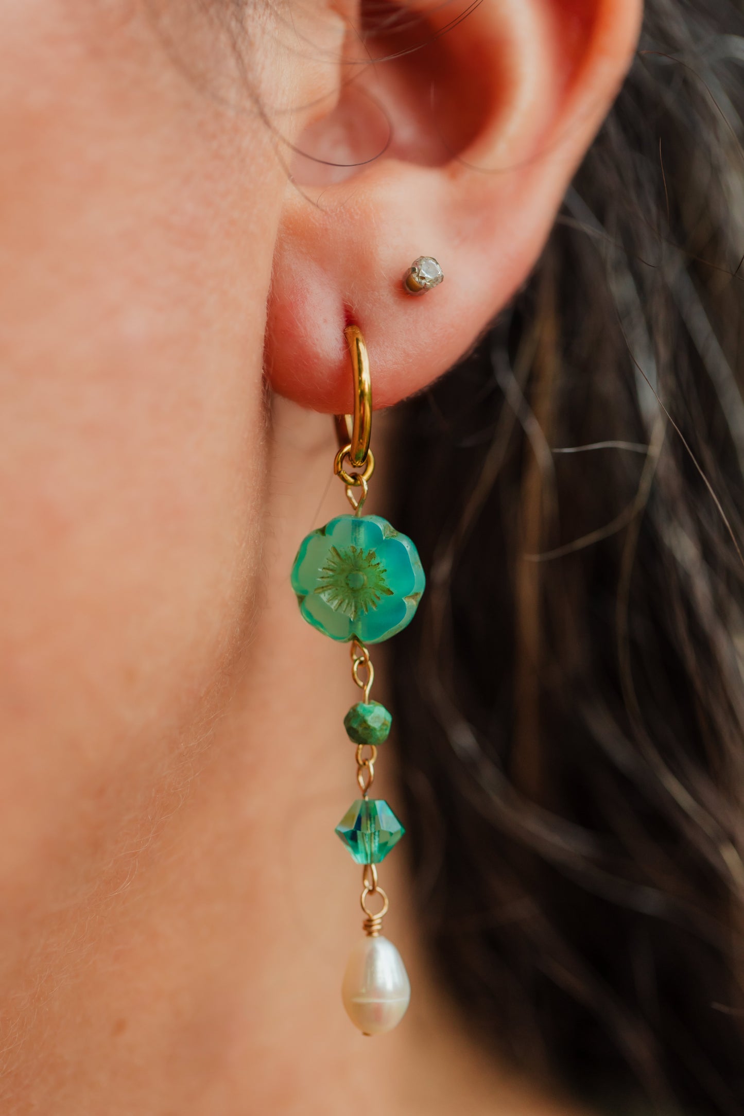 Turquoise gemstone Hibiscus Pearl Drop 18k Gold Hoop Earrings | Island Treasure Earrings