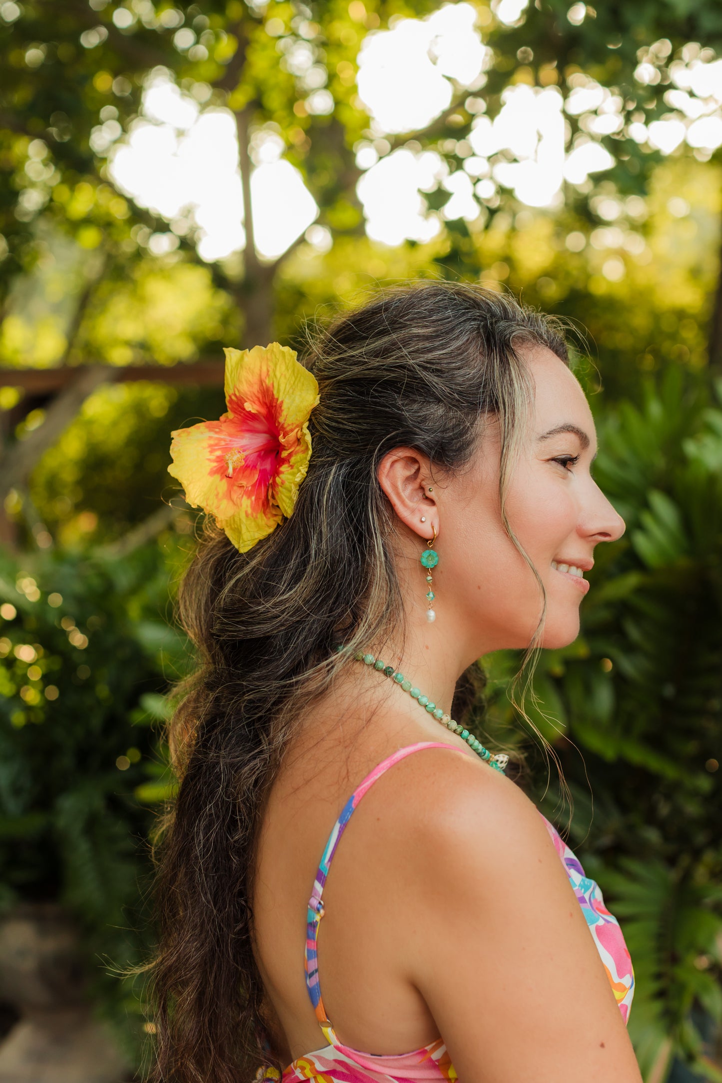 Turquoise gemstone Hibiscus Pearl Drop 18k Gold Hoop Earrings | Island Treasure Earrings