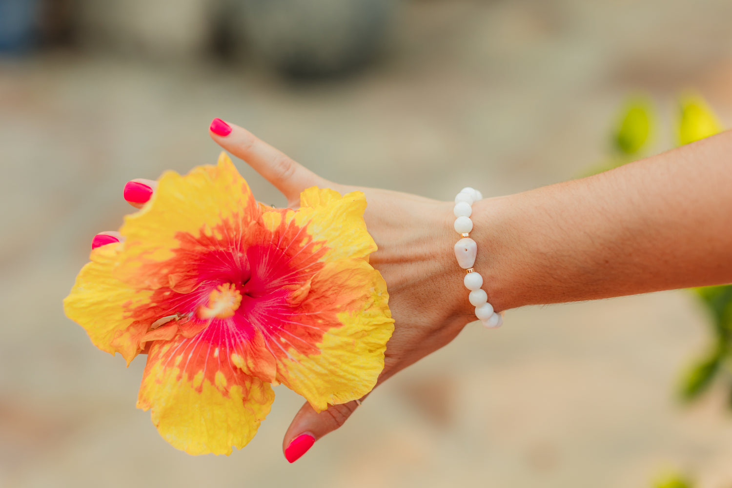 Lavender Bloom Bracelet featuring genuine polished white shell beads, a rare natural lavender cone shell centerpiece, and 14K gold-filled accent beads inspired by Hawaii's hidden beach treasures.