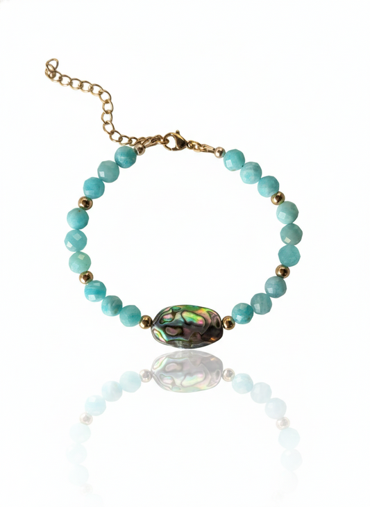 Afterglow Abalone Bracelet with abalone coin, amazonite beads in 18k gold plated pvd with extender for adjustable sizing