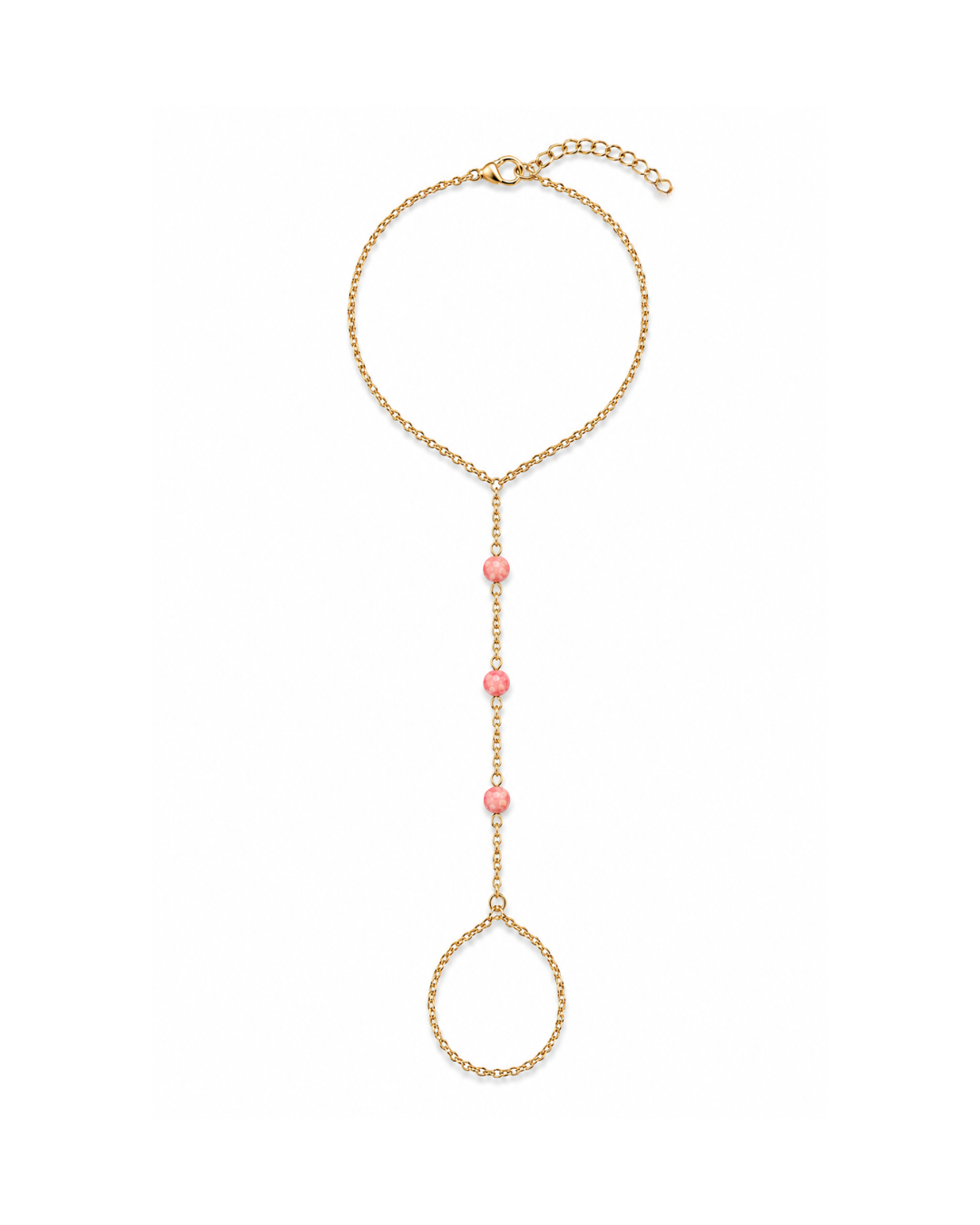 Pink Guava pink fire opal gold hand chain featuring three luminous pink fire opals on a diamond-cut 18K gold PVD chain by Charlotte's Cove.