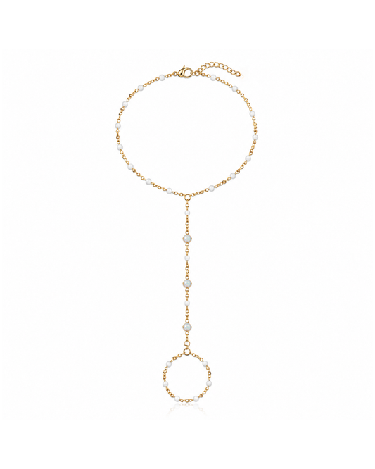 Horizon white fire opal hand chain with a delicate 18k Gold PVD cable chain