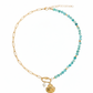 Marina Necklace with amazonite beads, freshwater pearl, shell charm, and gold paperclip chain.