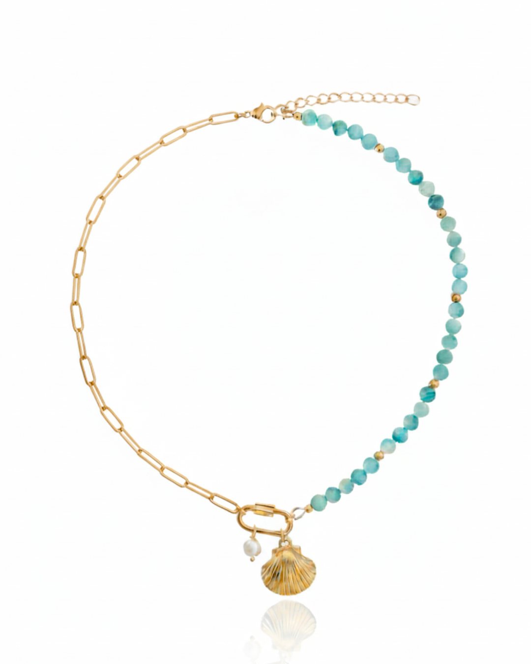 Marina Necklace with amazonite beads, freshwater pearl, shell charm, and gold paperclip chain.
