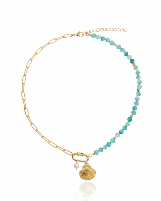 Marina Necklace with amazonite beads, freshwater pearl, shell charm, and gold paperclip chain.