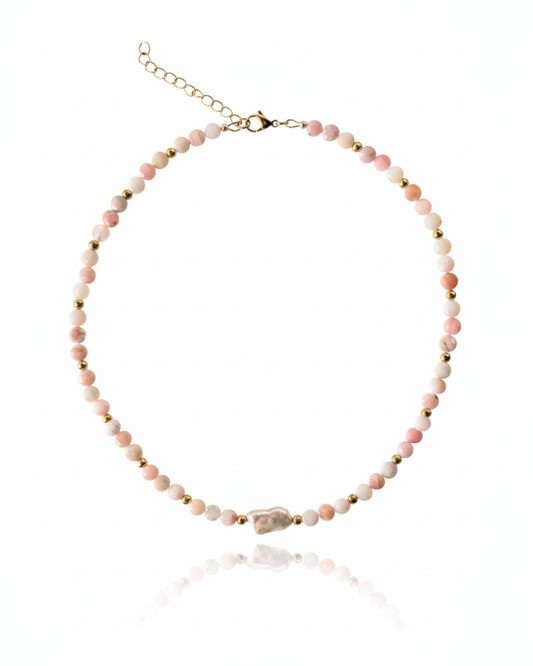 Pink Sands Necklace with faceted pink opal coin beads and baroque pink pearl.