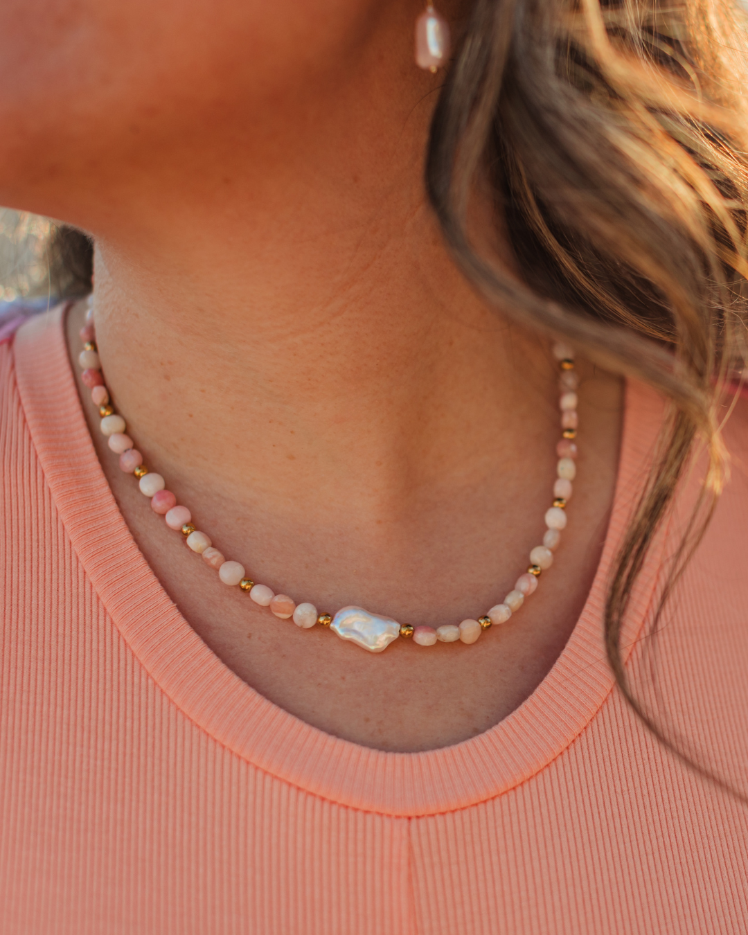 Hand-strung Pink Sands Necklace – lightweight, waterproof, hypoallergenic jewelry.