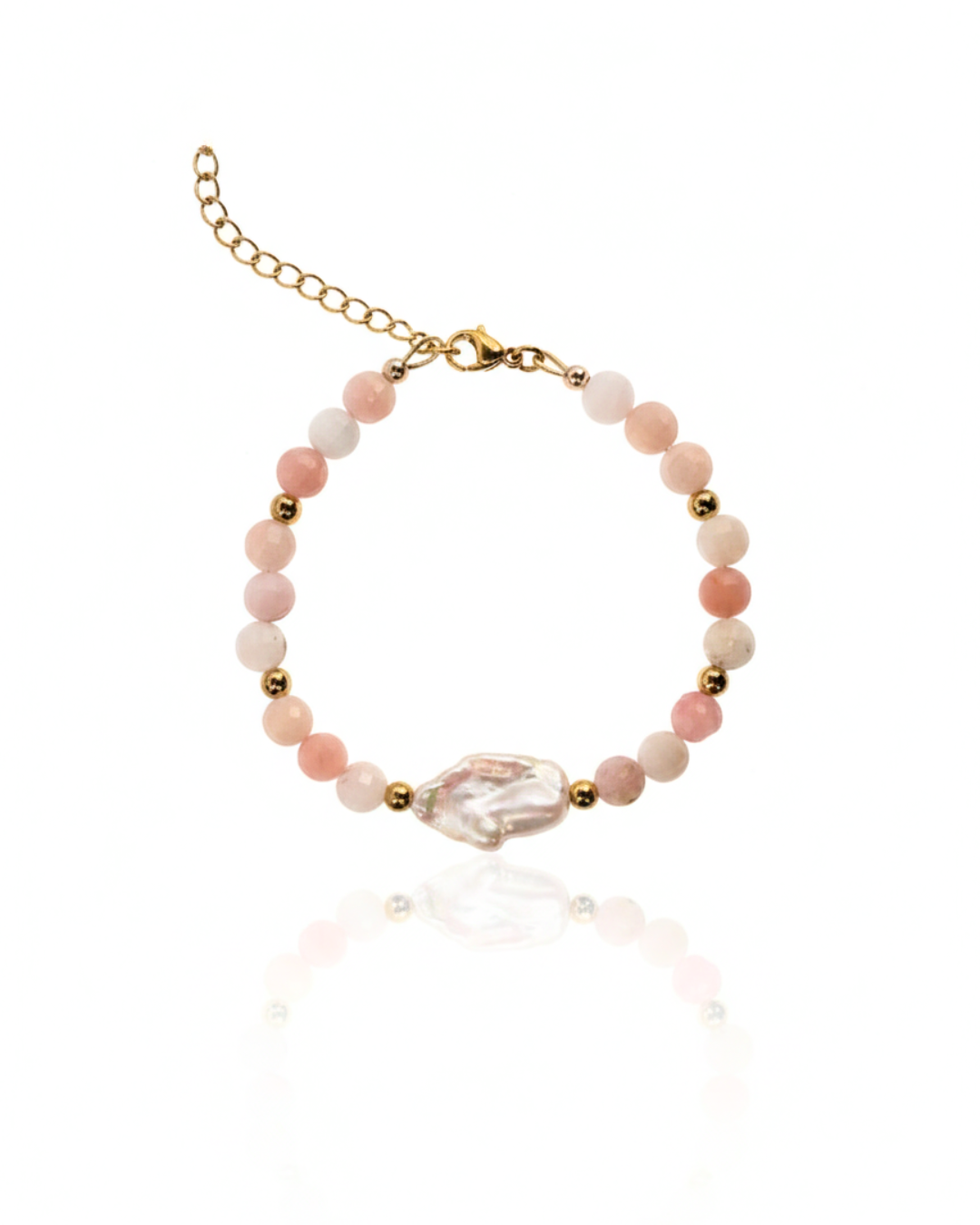 Pink Sands Bracelet with faceted pink opal coin beads and baroque pink pearl.