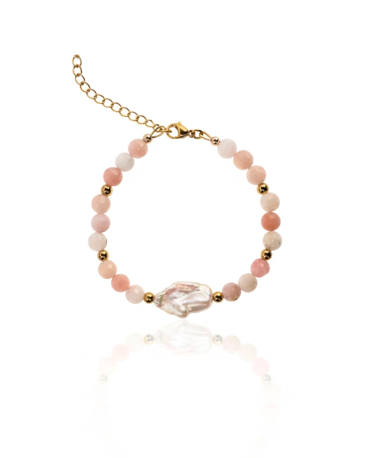 Pink Sands Bracelet with faceted pink opal coin beads and baroque pink pearl.
