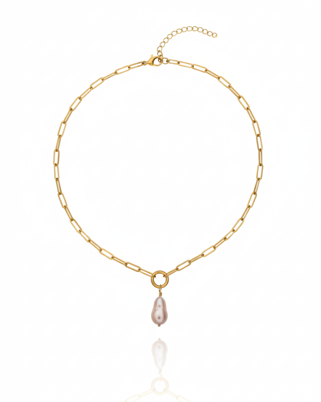 Rosé Resort Necklace with soft pink baroque pearl on gold paper clip charm holder chain