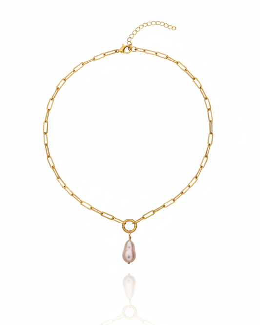 Rosé Resort Necklace with soft pink baroque pearl on gold paper clip charm holder chain