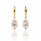 Rosé Resort Earrings with soft pink baroque pearls on gold huggie hoops.