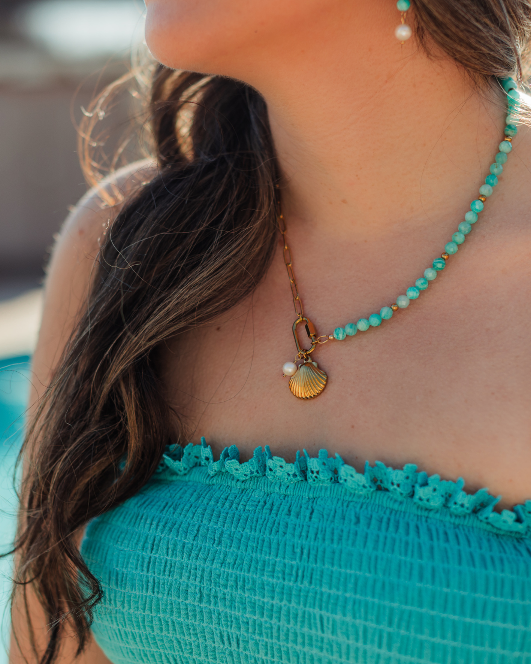Marina Necklace styled for seaside dinners – Charlotte’s Cove Island Dreams Collection.