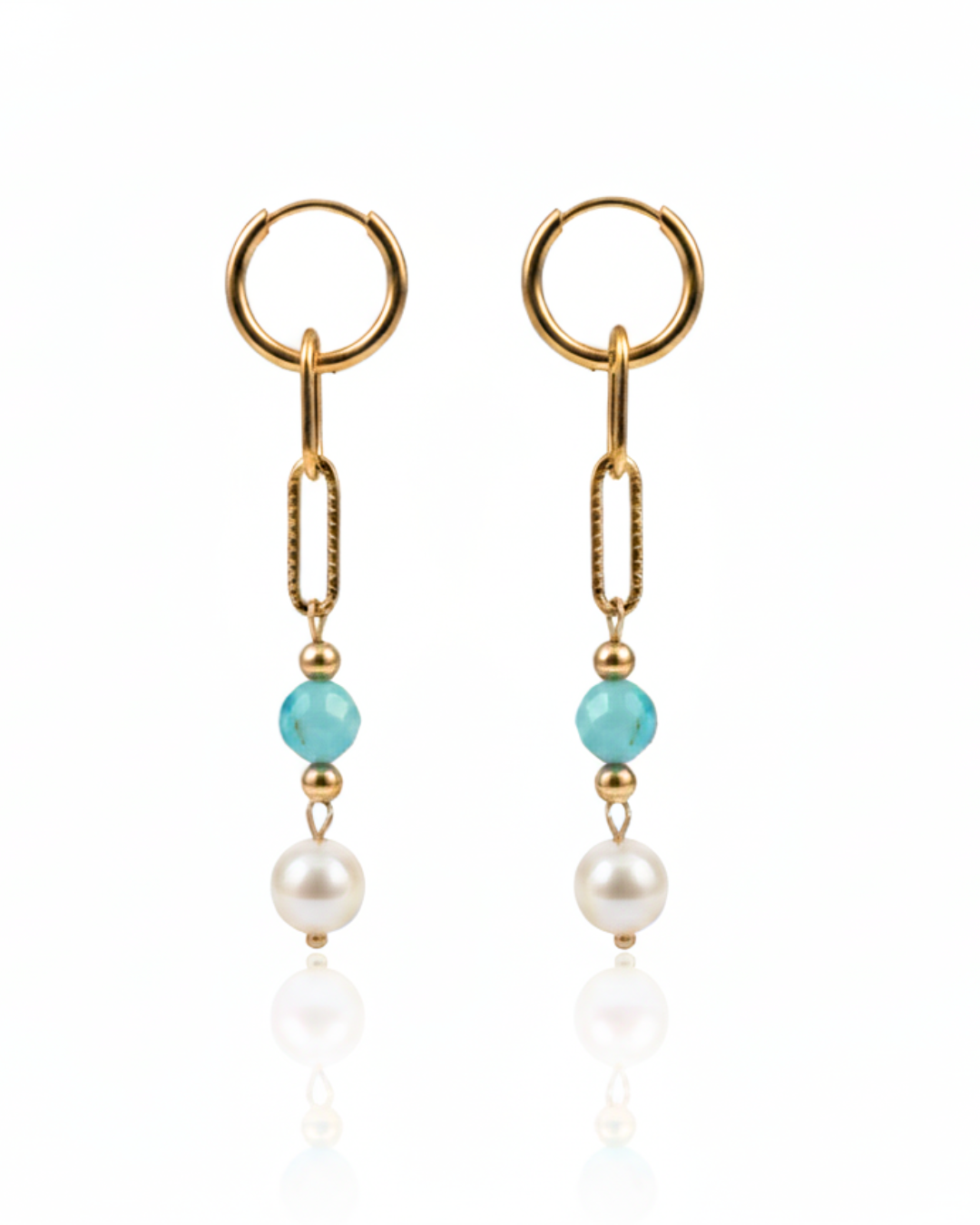 Marina Earrings with amazonite stones, freshwater pearls, and gold paperclip chain accents.