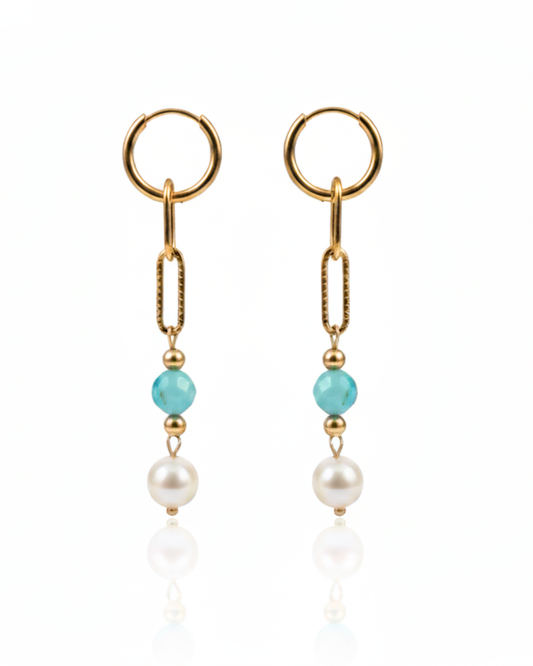 Marina Earrings with amazonite stones, freshwater pearls, and gold paperclip chain accents.