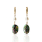 Afterglow Abalone Earrings with abalone coin drops and freshwater pearls on gold huggie hoops.