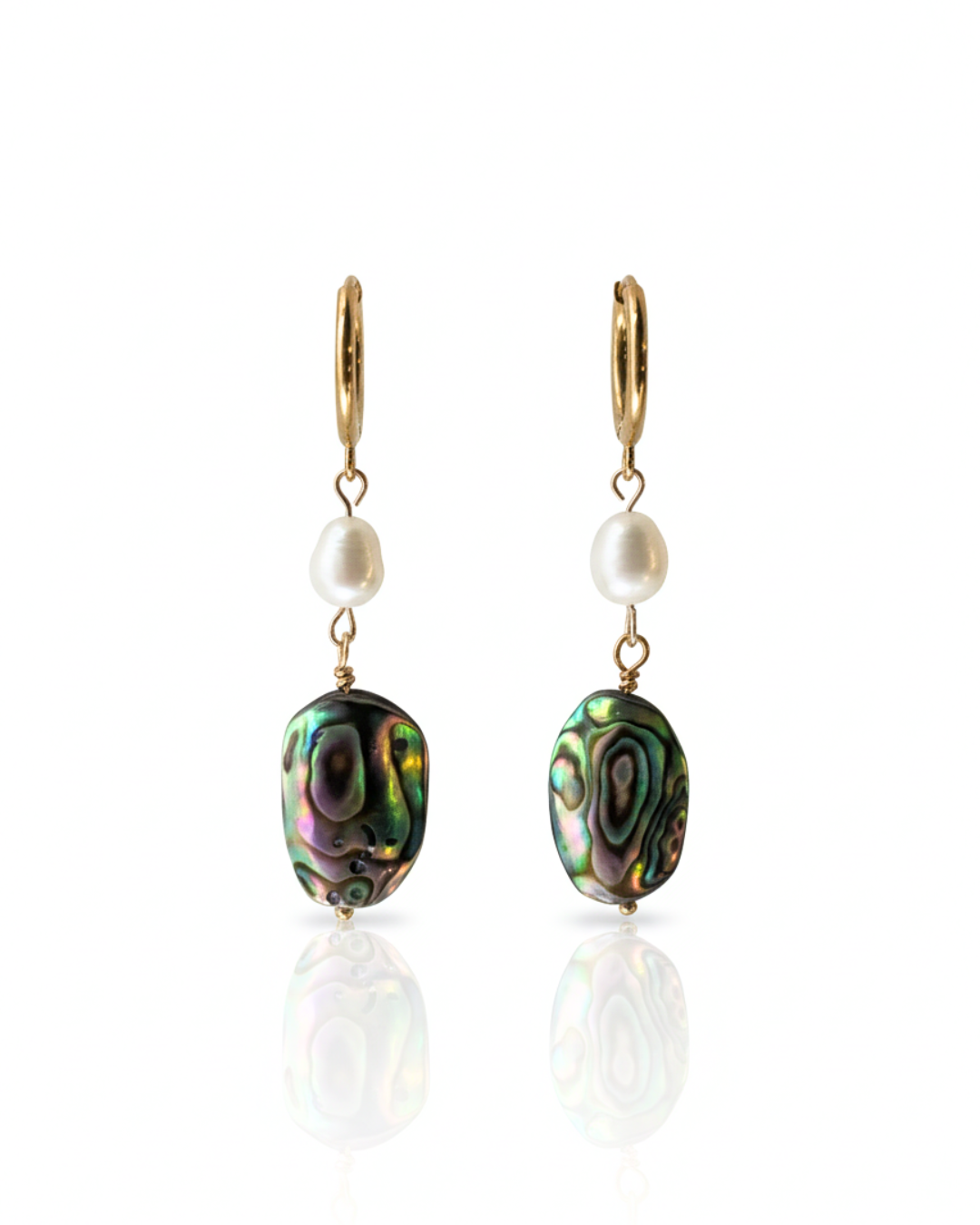 Afterglow Abalone Earrings with abalone coin drops and freshwater pearls on gold huggie hoops.