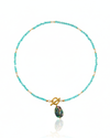 Afterglow Abalone Necklace – abalone coin with amazonite and freshwater pearls, gold toggle clasp. Designed by Charlotte's Cove 