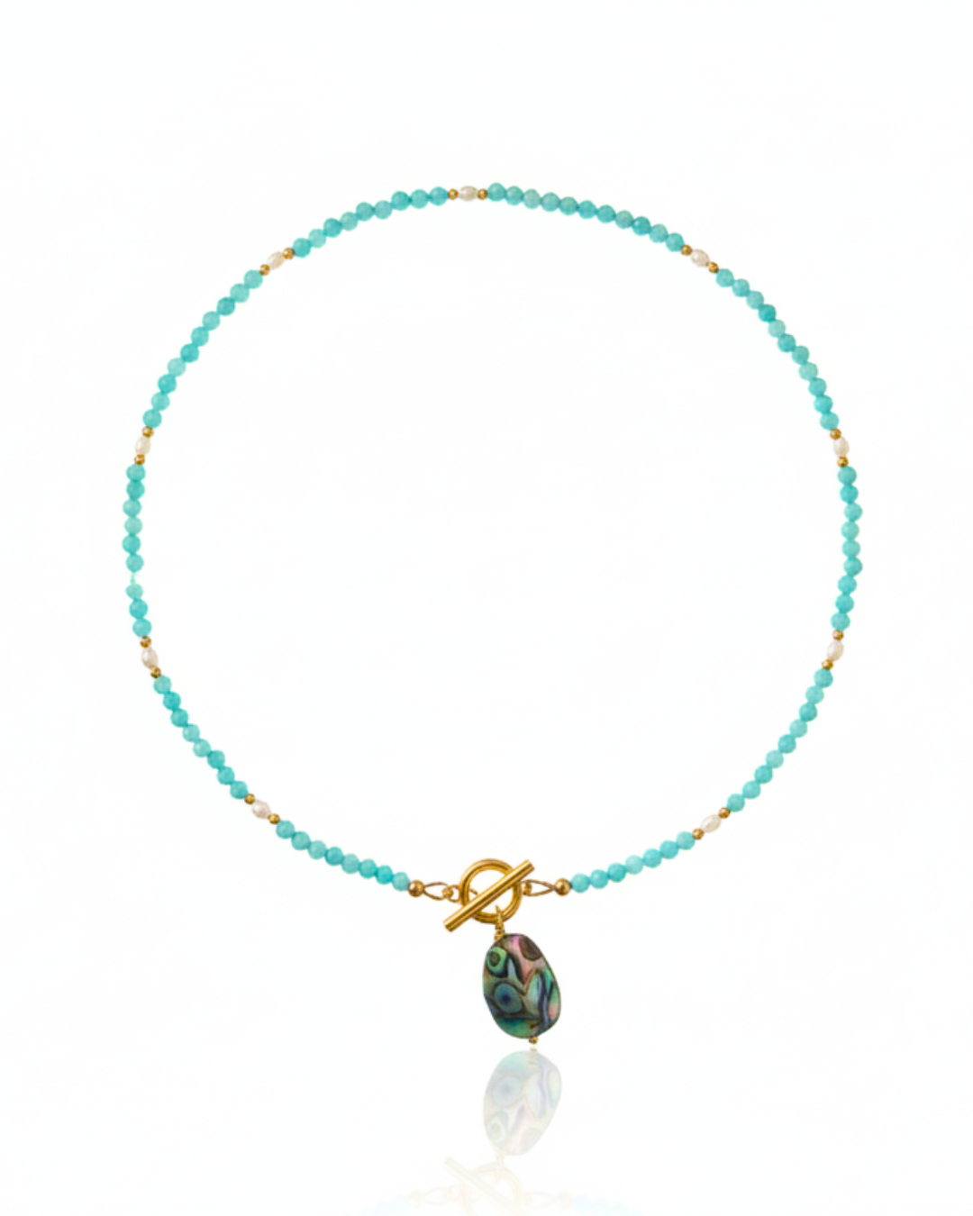 Afterglow Abalone Necklace – abalone coin with amazonite and freshwater pearls, gold toggle clasp. Designed by Charlotte's Cove 
